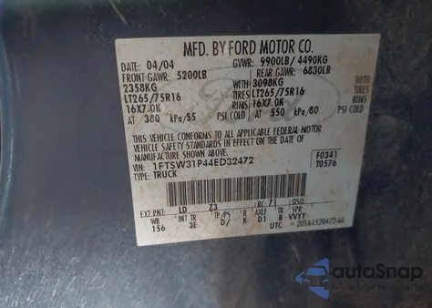 2004 Ford F-350 Lariat/Xl/Xlt z USA, uszkodzony, nr VIN 1FTSW31P44ED32472